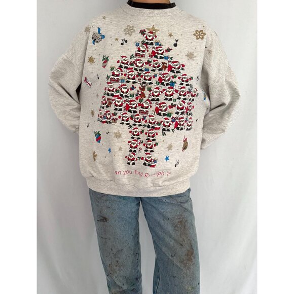 90s vintage grey christmas tree santa graphic ugly holiday pullover sweater - Picture 3 of 9
